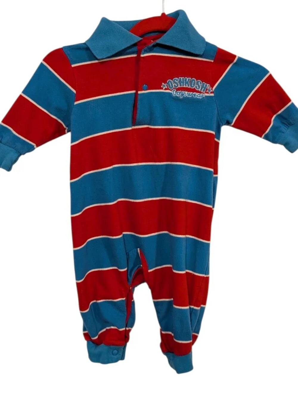 Vintage Oshkosh blue Red Striped Long Sleeve Polo Romper Baby 3-6M 100% Cotton